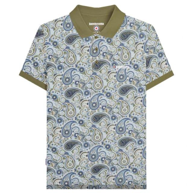 Lambretta Lambretta Men SS25 Paisley Branded Polo Shirt in Khaki Size: Small Khaki S Male 5063703661867