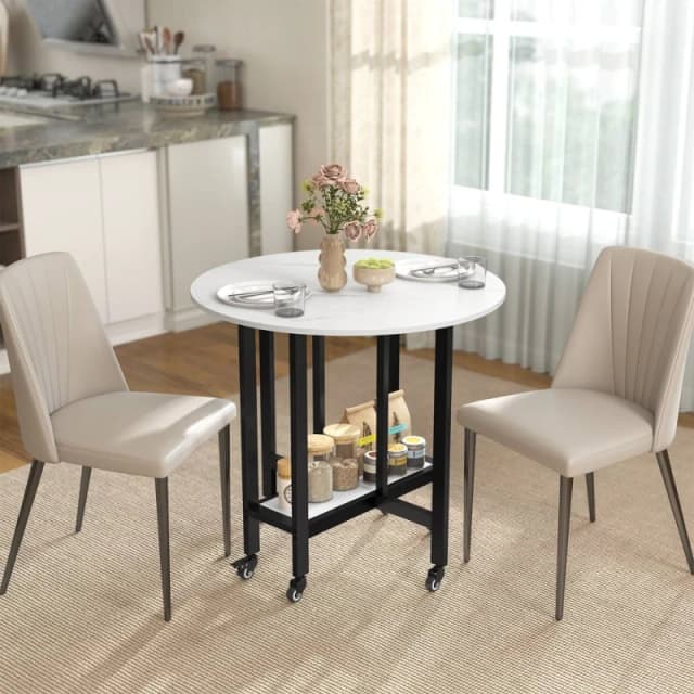 HOMCOM Folding Dining Table, Drop Leaf Table with Open Shelf, White Marble Size: 80cm x 80cm White Unisex 80cm x 80 cm