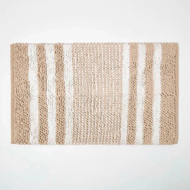 Homescapes Beige Chenille Stripe Bath Mat 100% Cotton, 50 X 80 Cm