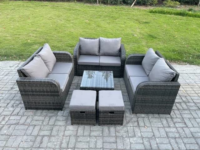 Fimous 8 Seater Outdoor Garden Furniture Sets Wicker Rattan Furniture Sofa Sets with Square Coffee Table Love seat Sofa 2 Small Footstools Dark Grey