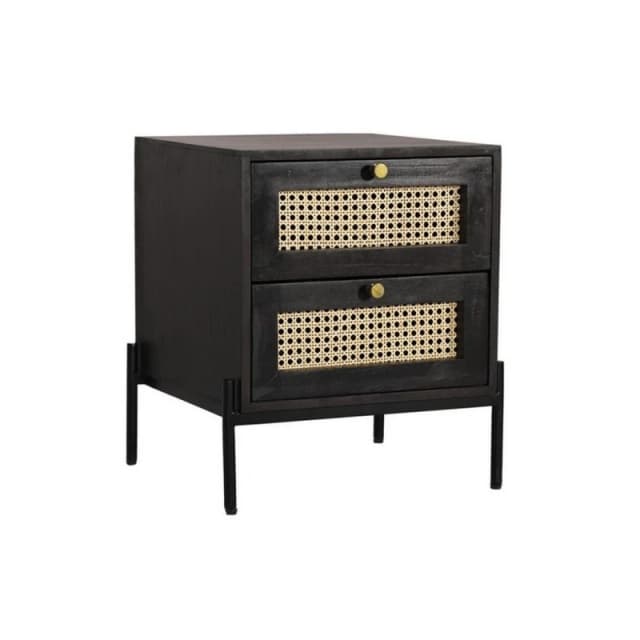 Jaipur Furniture Ltd Rattan Bedside Table 2 Drawer - Mango Wood/Iron - L45 x W45 x H55cm - Black Finish with Natural Rattan - Assembly Required Black