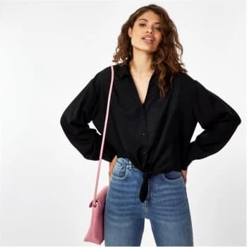 Jack Wills Tie Front Long Sleeve Blouse - Black