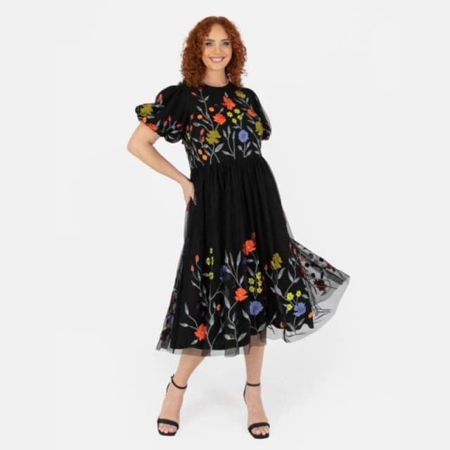 Maya Deluxe Maya Black Floral Embroidered Midi Dress With Keyhole Back Black female 6 (2XS)