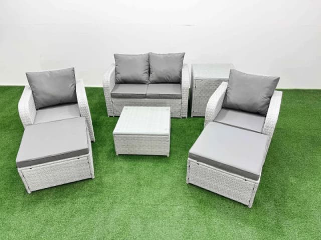 Fimous Light Grey PE Wicker Rattan Garden Furniture Set Sofa Set Reclining Adjustable Chair Square Coffee Table 6 Seater 2 Big Stools Side Table Light