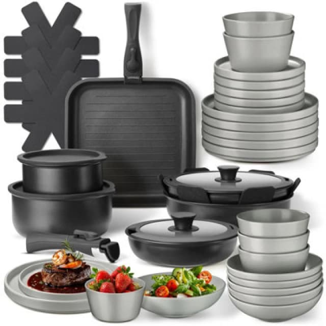 Tectake Kitchen Starter Set For 6 People With Crockery, Pots And More - Grey/black