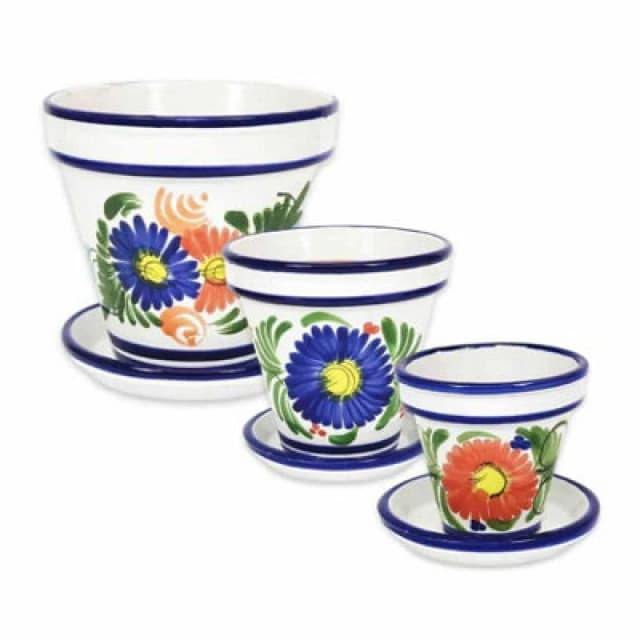 Verano Spanish Ceramics Floral Hand Painted Set of 3 Classic Plant Pots & Drainage Plates (D) 16-29cm Multi