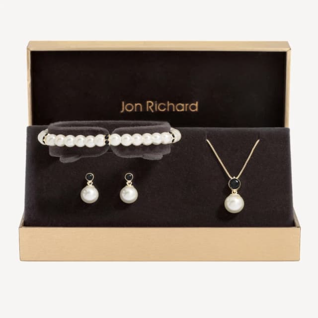 Jon Richard Gold Plated Jet And Pearl Trio Set - Gift Box Gold