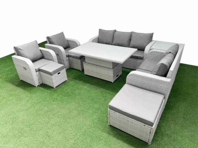Fimous PE Rattan Garden Furniture Set Adjustable Lifting Dining or Coffee Table 3 Stools Side Table Light Grey