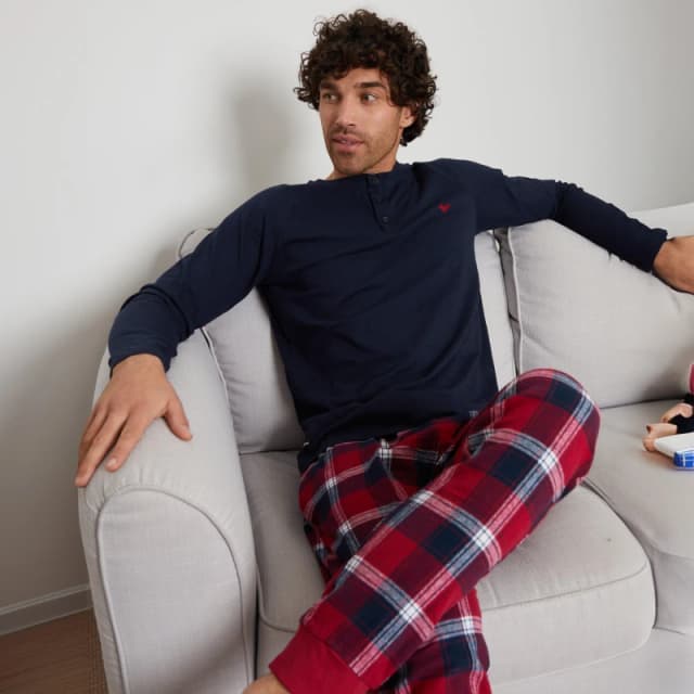 Threadbare 'Crisp' Cotton Blend Check Pyjama Set Navy male