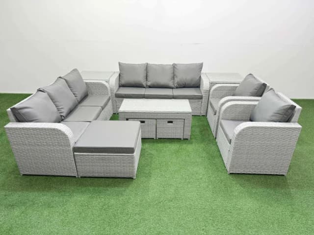 Fimous PE Rattan High Back Lounge Sofa Set Patio Oblong Coffee Table & Chairs Set with 3 Seater Sofa Reclining Chair 3 Stools 2 Side Table Light Grey
