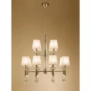 Tiffany 2 Tier pendant light 12+12 E14+G9 bulbs, gold with cream shades & transparent crystal