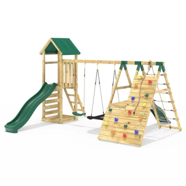 Rebo Wooden Climbing Frame with Swings, Up and Over Climbing Wall and Two Slides - San Luis Green Green