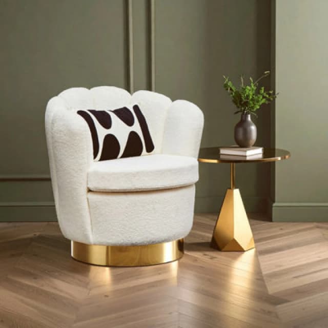 Orsina White Velvet Upholstered Round Chair, Accent Chair For Living Room, Accent Lounge Chair With Golden Base