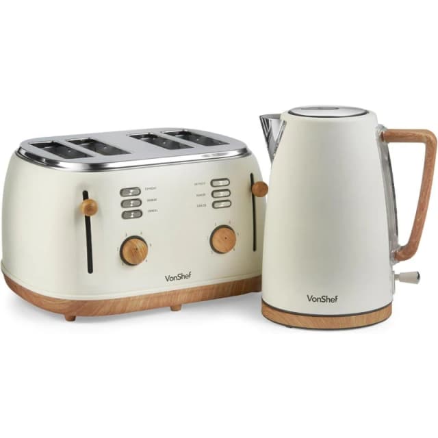 VonShef Fika Cream Rapid Boil Kettle And Four Slice Wide Slot Toaster Set Beige