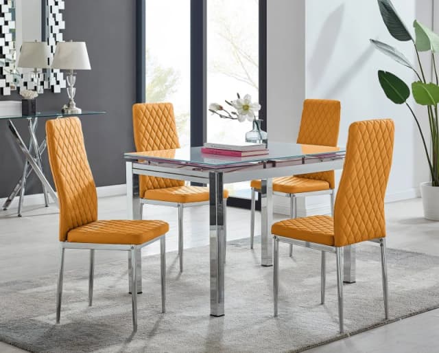FurnitureboxUK FurnitureboxUK Enna White Glass Extending 4-6 Seater Dining Table and 4 Milan Faux Leather Chairs in Mustard Mustard One Size Unisex 50