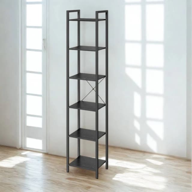 Pirlo Plush Industrial 6 Tier Tall Narrow Bookcase Shelves Black Unisex