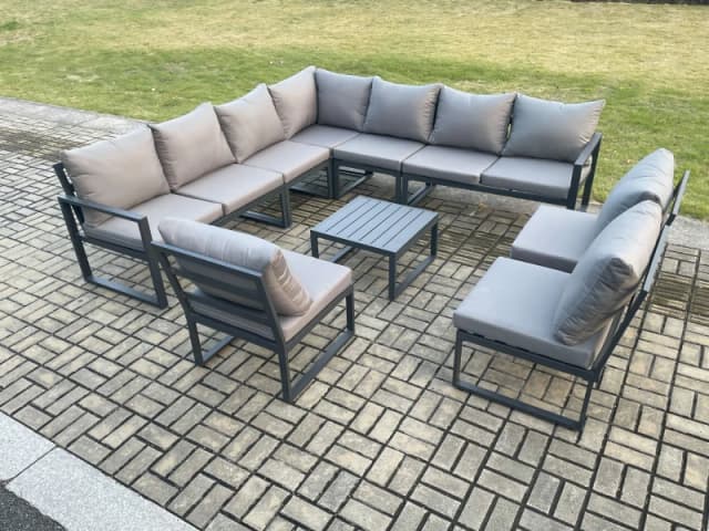 Fimous 10 Seater Patio Outdoor Garden Furniture Aluminium Lounge Corner Sofa Set with Square Coffee Table Dark Grey Dark Grey Unisex