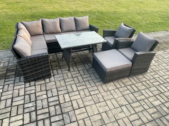 Fimous High Back Outdoor Garden Furniture Set Rattan Corner Sofa Dining Table Set With Big Footstool Armchair in Dark Grey Dark Grey Unisex