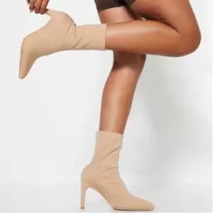 I Saw It First Pointed Toe Flat Heel Lycra Sock Ankle Boots - Beige