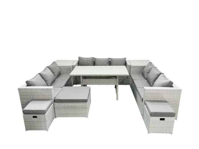 Fimous Rattan Garden Outdoor Furniture Set 12 Seater Garden Sofa Rectangulr Dining Table Set with 3 Footstools 2 Side Tables Light Grey Mixed Light Gr