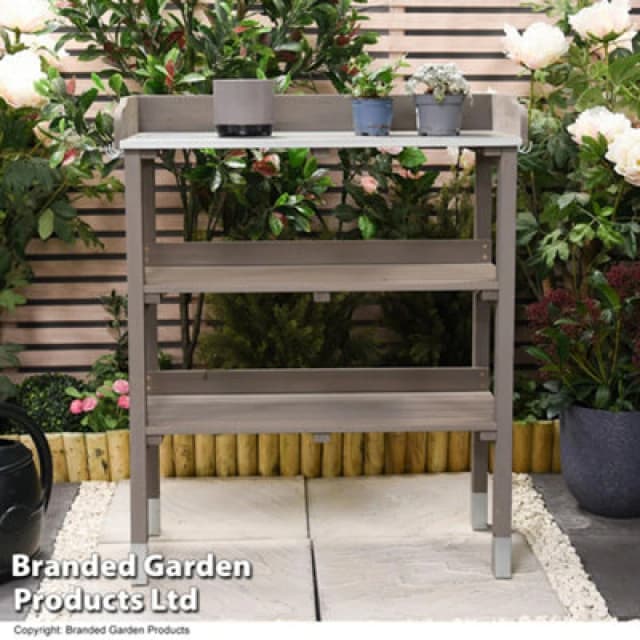 Garden Gear 3-Tier Wooden Potting Table With Galvanised Steel Worktop Outdoor Gardening Work Station