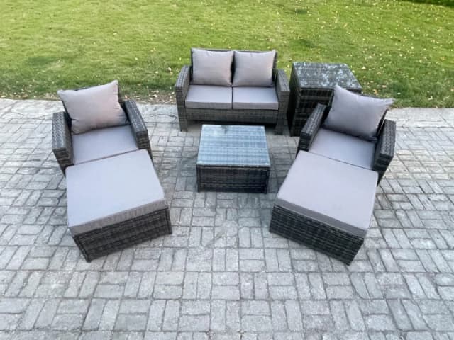 Fimous Rattan Wicker Garden Furniture Patio Conservatory Sofa Set with Square Coffee Table Armchair Big Footstool Side Table in Dark Grey Dark Grey Un