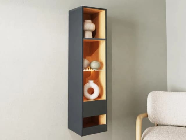 GFW Leon Anthracite and Oak Tall Shelf Unit With LED Lighting