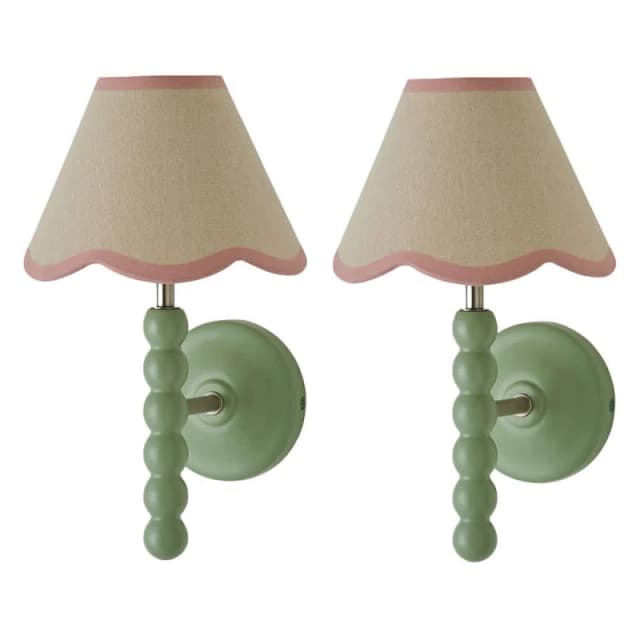 ValueLights Bobbins Pair of Green Wall Lights & Linen Trim Lamp Shades & Bulbs in Pale Pink Pale Pink Unisex