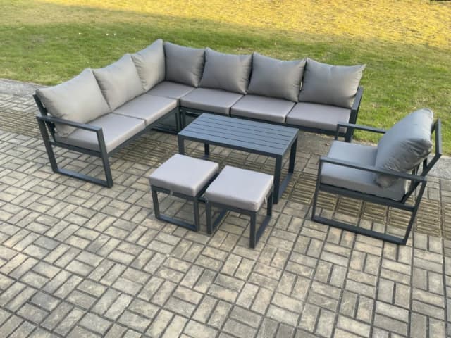 Fimous Aluminium Garden Furniture Set Outdoor Indoor Lounge Corner Sofa Chair Oblong Coffee Table Sets with 2 Small Footstools Dark Grey Dark Grey Uni