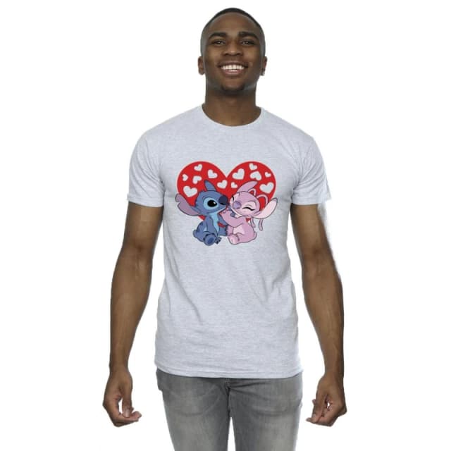 Disney Men Lilo & Stitch Hearts T-Shirt in Grey Size: Small Grey S Male 5063153540460