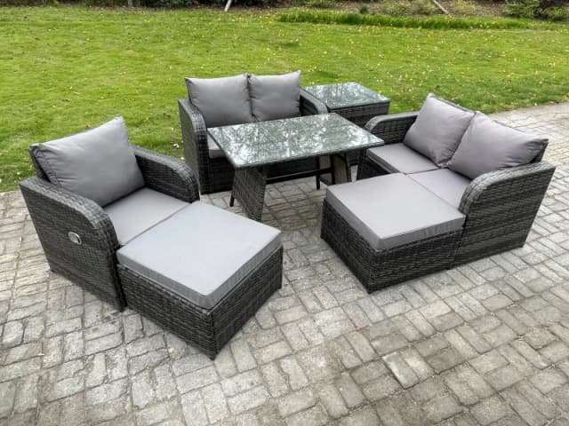Fimous 7 Seater Outdoor Garden Dining Sets Rattan Furniture With Dining Table Armchairs Love Sofa 2 Big Footstool Side Table Dark Grey Mixed Dark Grey