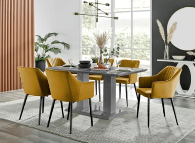 FurnitureboxUK FurnitureboxUK Imperia High Gloss Grey Dining Table & 6 Calla Black Leg Chairs in Mustard Mustard One Size Unisex 5056542687150