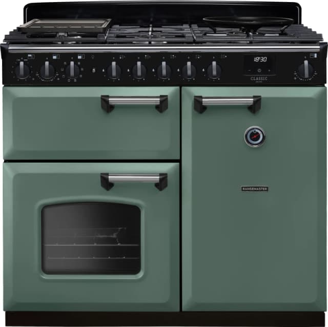 Rangemaster Classic Deluxe 100 Dual Fuel CLDL100DFPMGR/CM1 100cm wide Dual Fuel Range Cooker with Gas Hob - Mineral Green / Chrome - A/A Rated