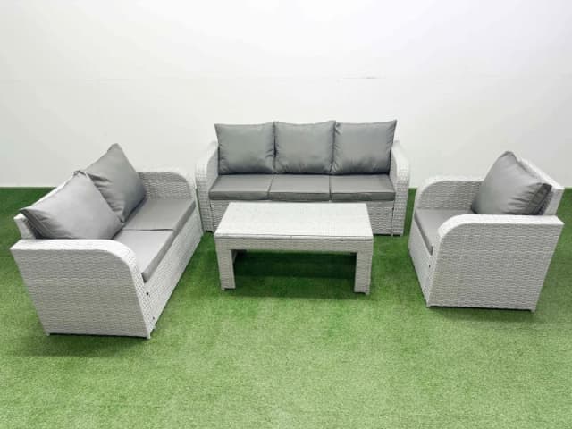 Fimous Patio PE Wicker 6 Seater Outdoor Rattan Furniture Sofa Sets with Oblong Coffee Table Reclining Chair Loveseat Sofa 3 Seater Sofa Light Grey Lig