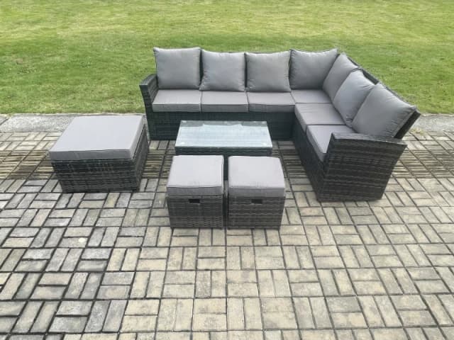 Fimous Wicker PE Outdoor Garden Furniture Set High Back Rattan Corner Sofa Set with Rectangular Coffee Table 3 Footstools in Dark Grey Dark Grey Unise