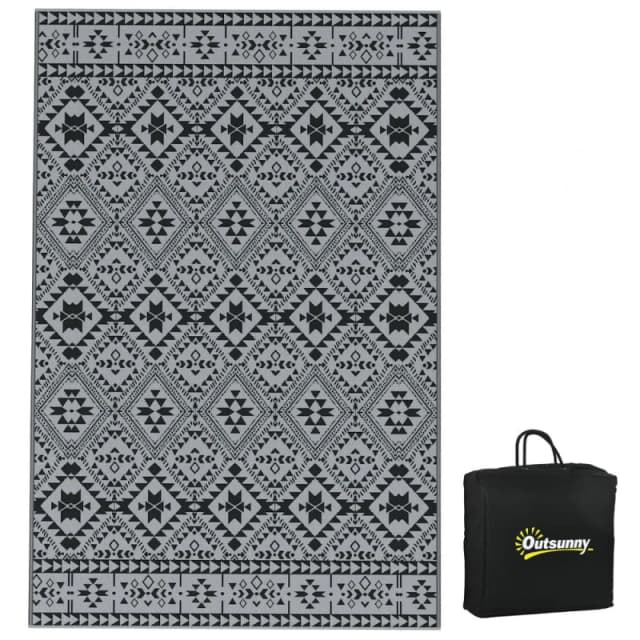 Outsunny Reversible Waterproof Outdoor Rug w/ Carry Bag, 182 x 274cm Black - Outsunny 5056725392369