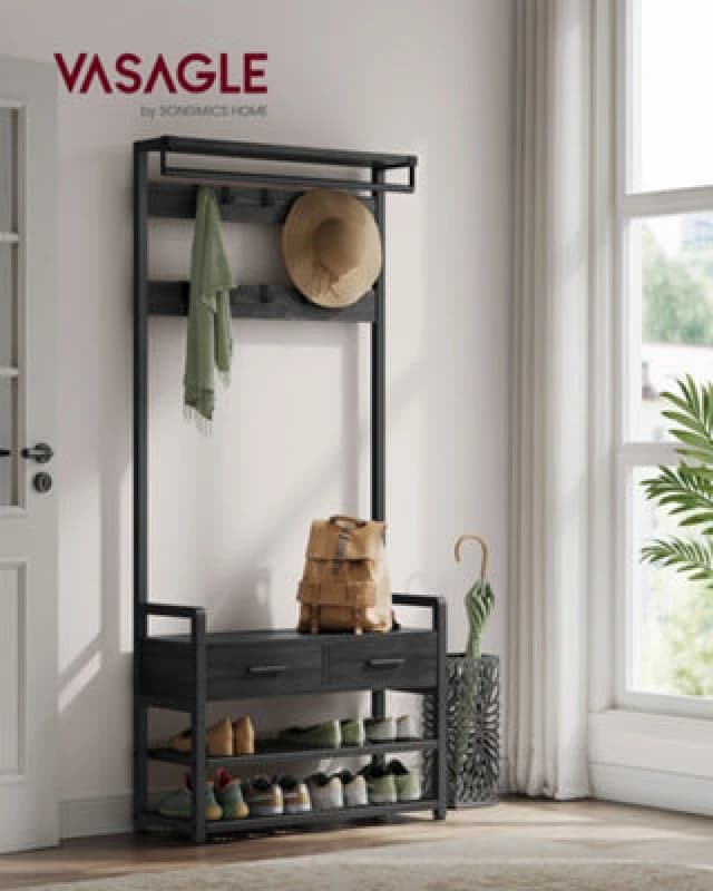 Songmics Vasagle Hall Tree With Bench And Shoe Storage, Hallway Coat Rack With Shoe Bench, 2 Fabric Drawers, 10 Hooks