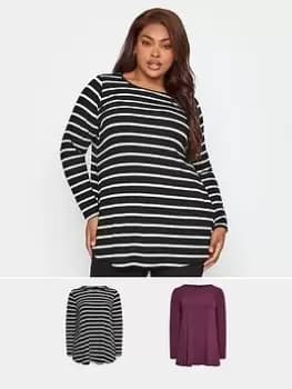 Yours Long Sleeve Rib Swing Top 2 Pack. Purple & Mono Stripe - Multi, Purple, Size 16, Women