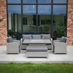Santiago Rattan Sofa Dining Set - With Rising Firepit Table - White Wash