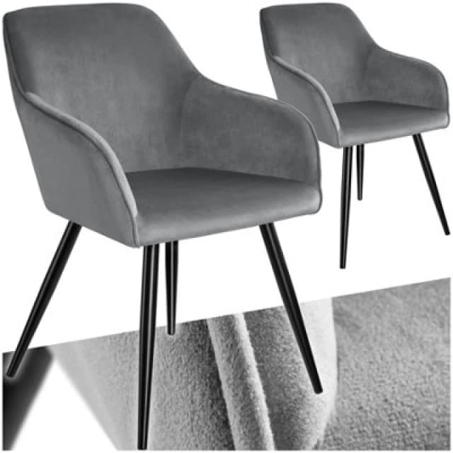 Tectake Set Of 2 Dining Chair Marilyn - With Armrests, Padded, Velvet Look, Black Steel Legs - Grey/black