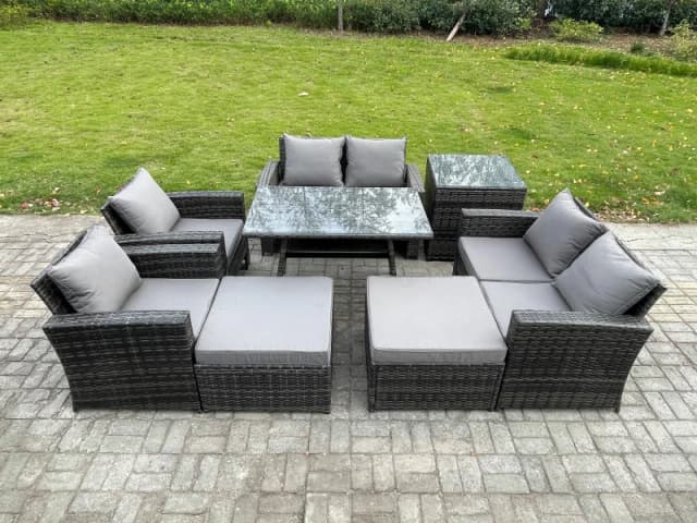 Fimous Garden Furniture Sets 8 Pieces Wicker Rattan Furniture Manual Wicker Patio Sofa Patio Conversation Set with 2 Big Footstool in Dark Grey Dark G