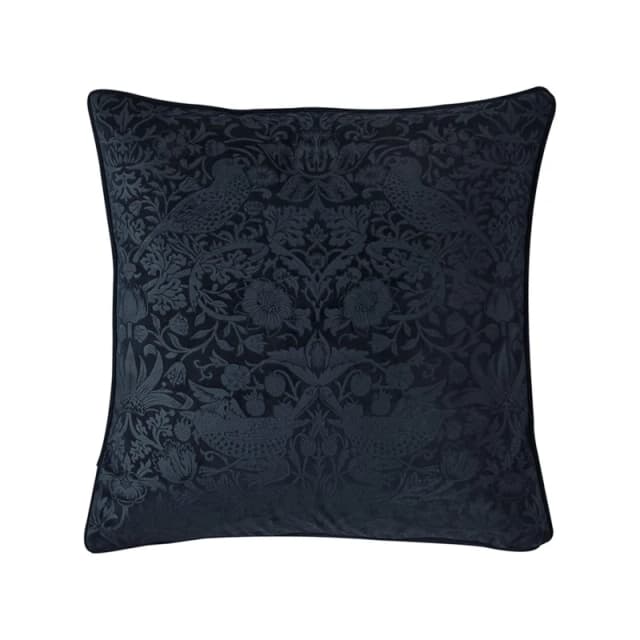 William Morris At Home Strawberry Thief Embossed Cushion, 50x50cm, Prussian Blue