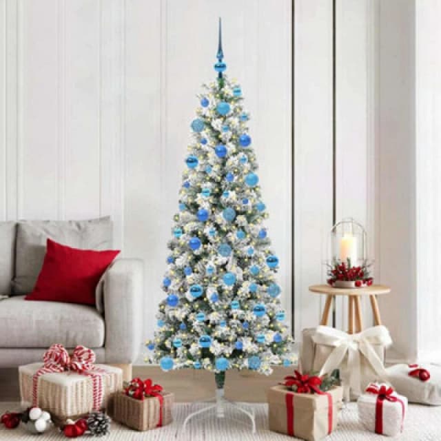 vidaXL Artificial Hinged Christmas Tree with Blue Balls Green and white 180 cm, Green 3395602