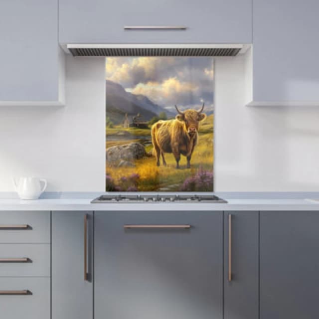 Warren Reed Designer Springtime Highland Cow Kitchen Splashback