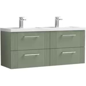 Nuie Deco Satin Green 1200mm Wall Hung 4 Drawer Vanity Unit with Double Basin - DPF893C - Satin Reed Green