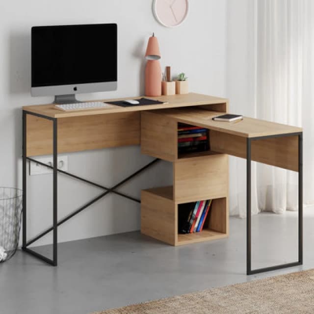 Decortie Modern Badau L-Shaped Computer Desk Oak Black Metal Legs 3 Adjustable Storage Shelf Extra Table 110Cm(W) Work PC Office