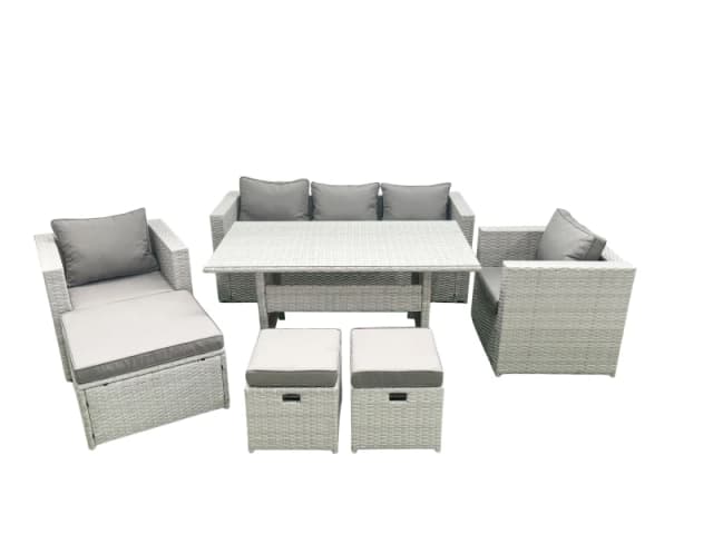 Fimous Garden Dining Set Outdoor Rattan Furniture Set with Sofa Dining Table 2 Chairs 3 Footstools Light Grey Mixed Light Grey