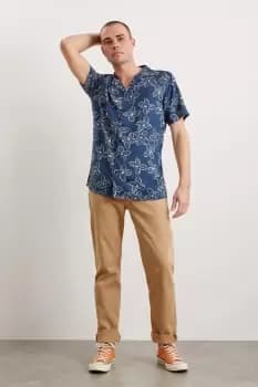 Mens Navy Floral Print Viscose Revere Shirt