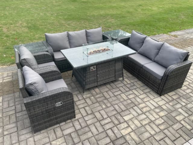 Fimous Patio Rattan Garden Furniture Set with Fire Pit Table,Chair and Side Table 8 Seater Outdoor Indoor Lounge Sofa Set Dark Grey