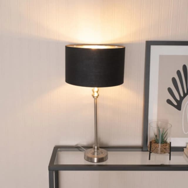 ValueLights ValueLights Maggie Chrome Candlestick Table Lamp & Fabric Drum with Chrome Inner Lamp Shade in Black One Size Unisex 5059406061684